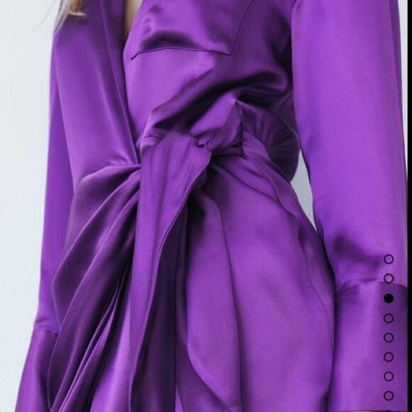Zara Purple Satin Effect Wrap Dress Long Sleeve Collar Slip Dress Size Small - Picture 9 of 11